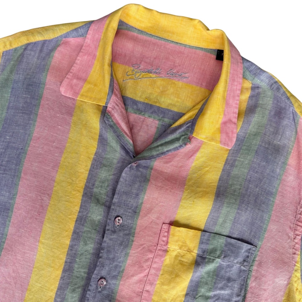 Bugatchi Uomo Mens XL 100% Linen Short Sleeve Striped Button Down Shirt  Resort